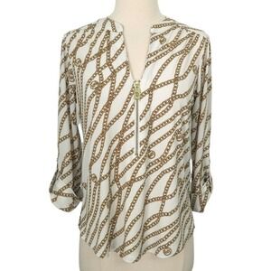 Michael Kors White & Gold Chain Roll-Tab 3/4 Sleeve Top- Small‎